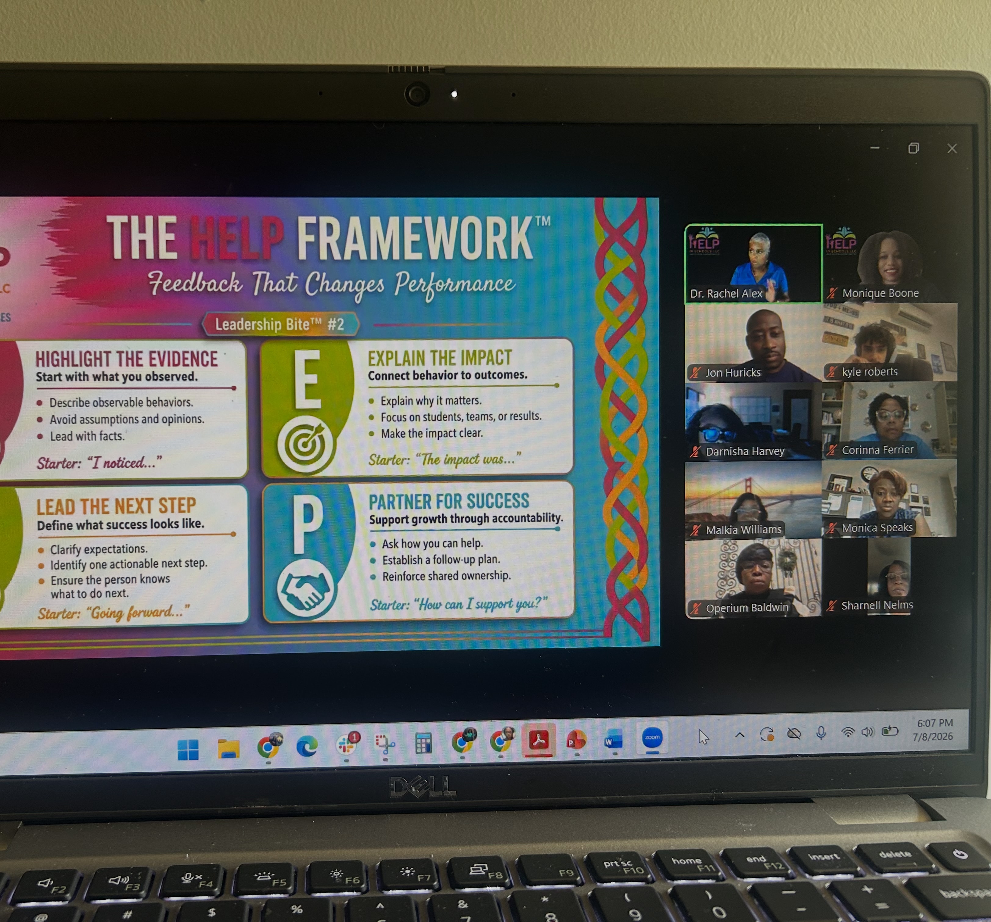 Dr. Rachel Alex teaching The HELP Framework — Feedback That Changes Performance — via Zoom with participants